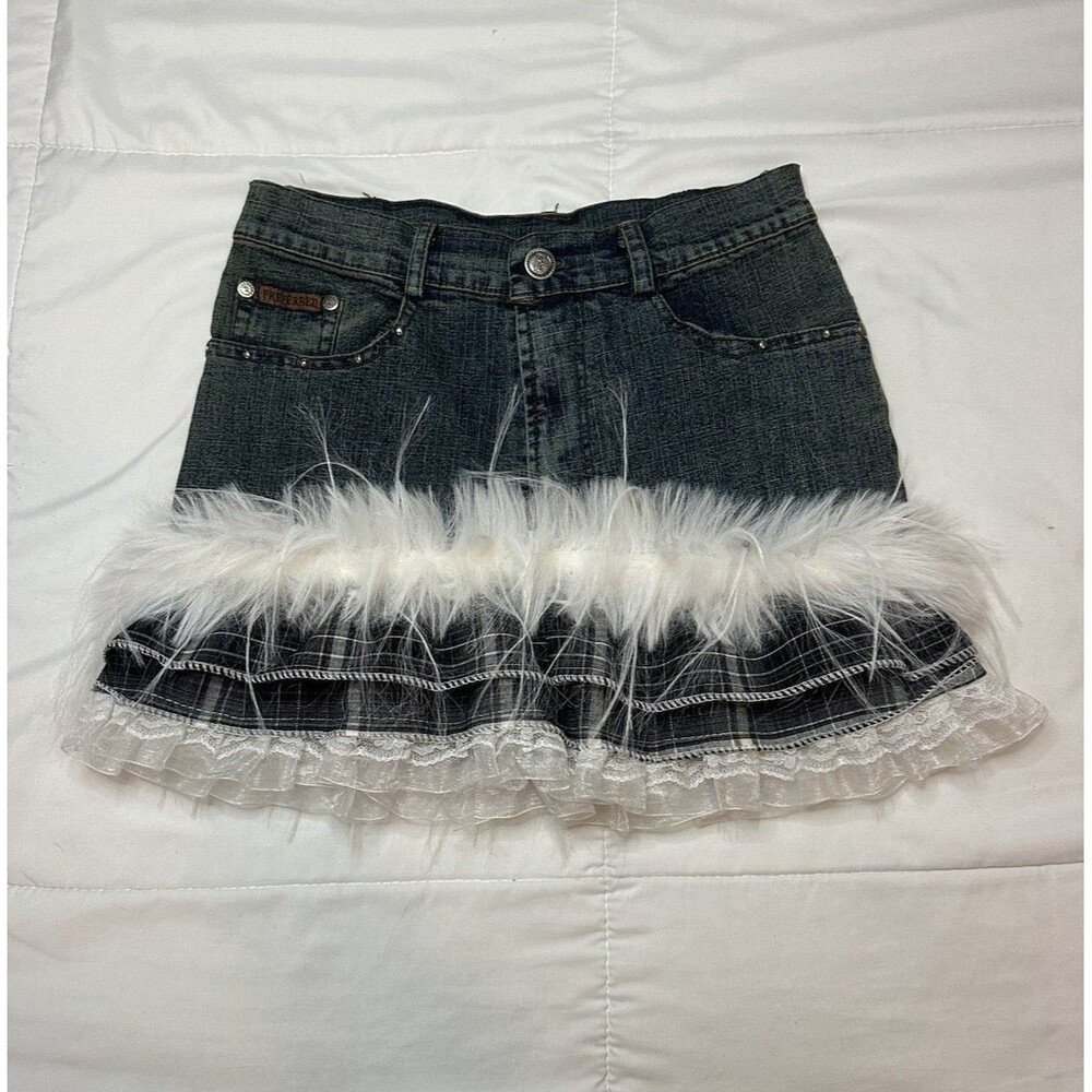 Handmade Y2K Denim Mini Skirt Fur Trim Lace Plaid XS Womens Girls Black White